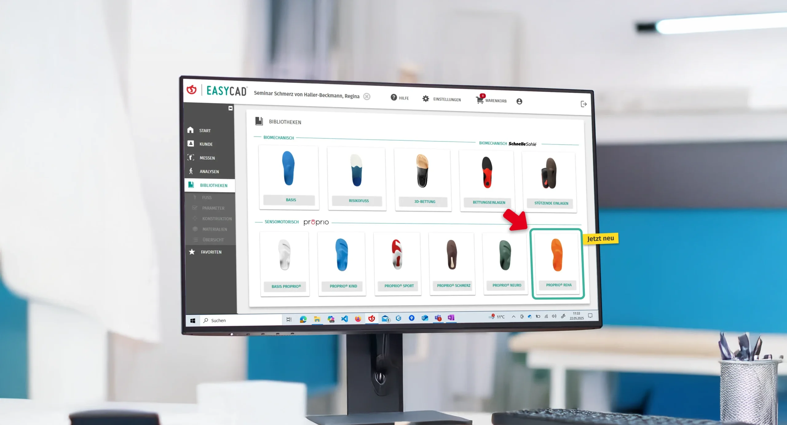 Bildschirm mit EASYCAD – Übersicht Bibliotheken mit Neuheit proprio Reha