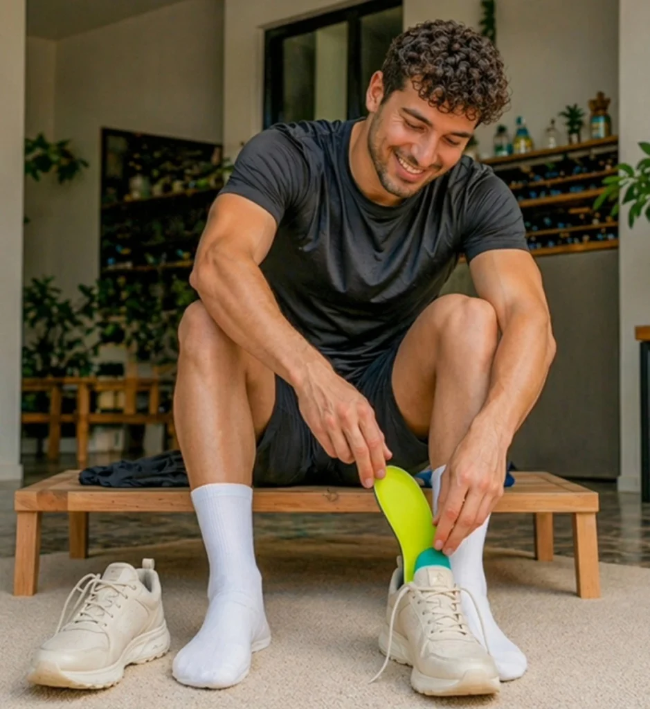 Ein Mann in Sport Kleidung packt eine Einlage aus dem Concept Ready in einen Turnschuh. Er sitz in seiner Wohnung auf einer Holzbank.