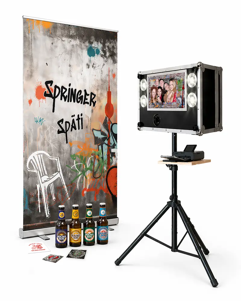 Spaeti-Motiv mit Fotobox, Bier und Stickern